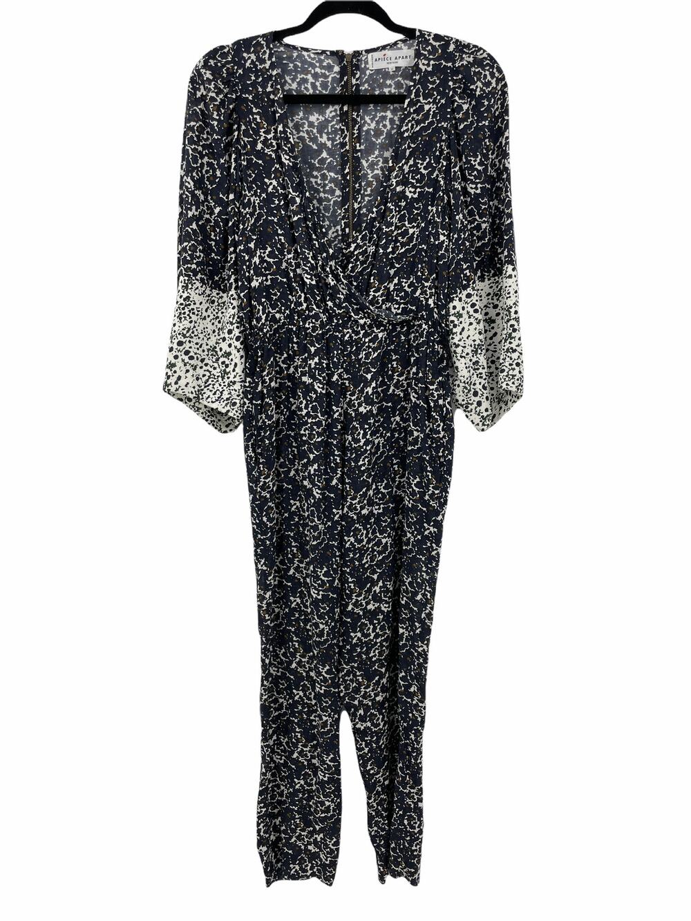 Apiece Apart Jumpsuit Womens 0 Meru Blue White Floral Plunge Neck Puff Sleeve